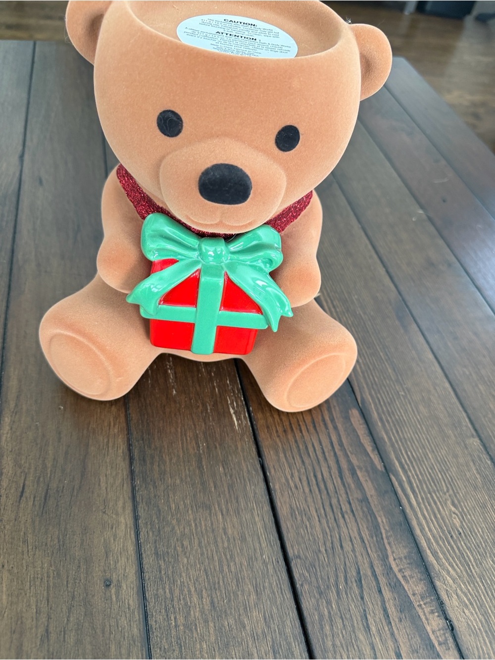 Bath & Body Works Tan Bear Candle Holder with Red Gift and Green Bow
